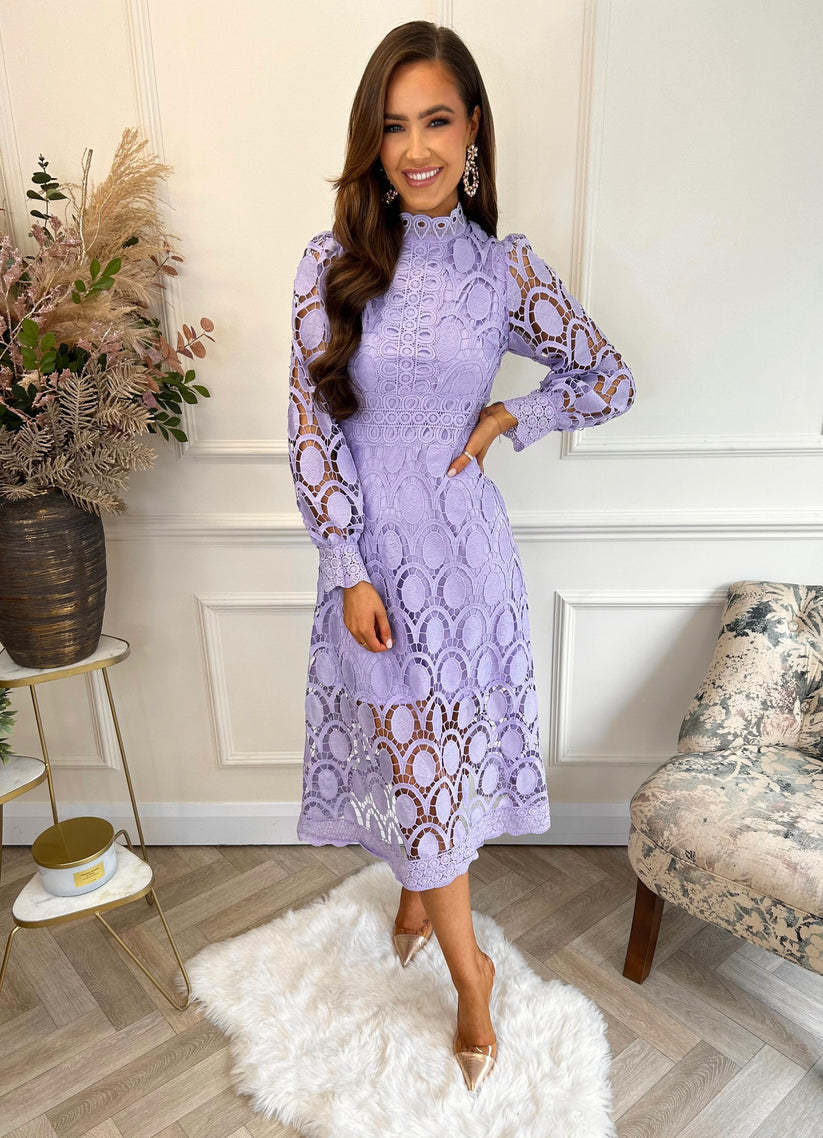 Spring New Style Lace Stand Collar Puff Sleeve Waist Slimming Dress Graceful European and American Long Dress