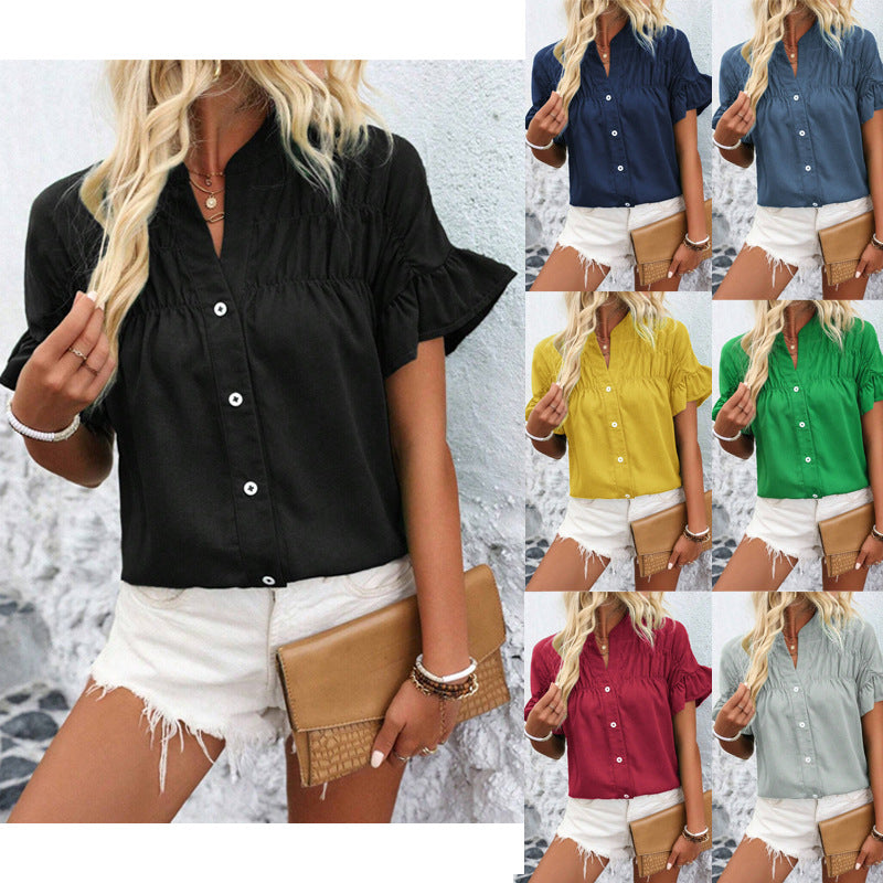 2025 Popular trade women's clothing casual short-sleeved pleated shirt button solid color cotton and linen stand-up collar shirt women
