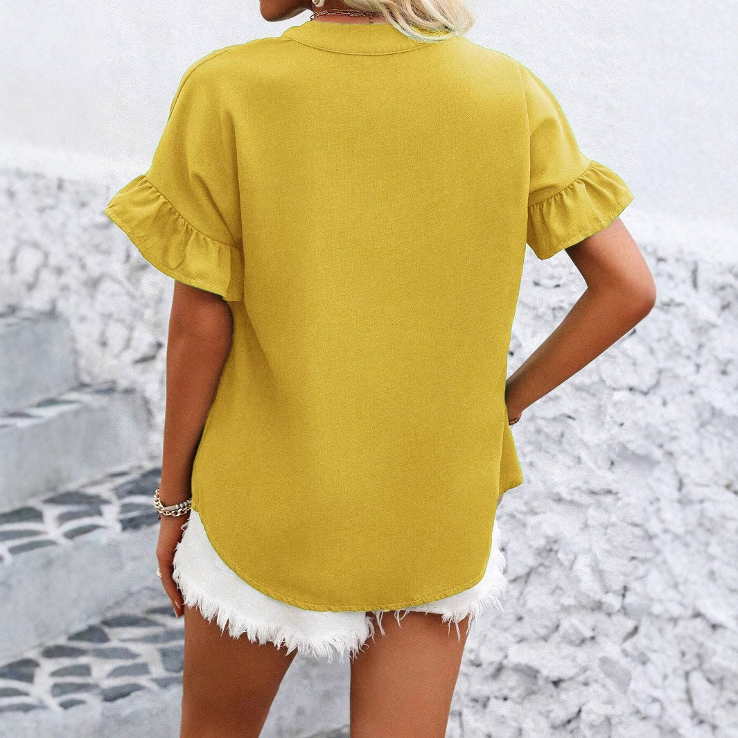 2025 Popular trade women's clothing casual short-sleeved pleated shirt button solid color cotton and linen stand-up collar shirt women