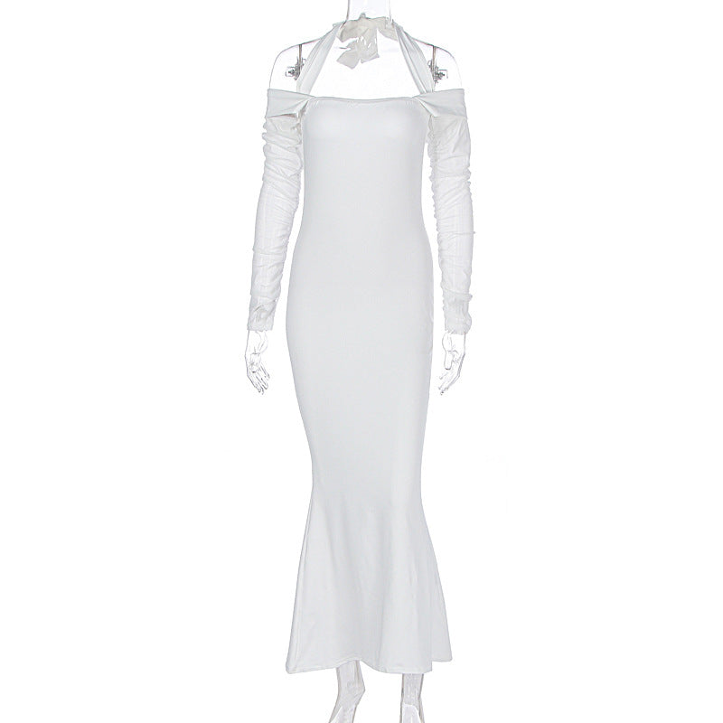 LOVECCR2025 women's clothing autumn and winter new fashion personalized slim-fitting neck long-sleeved lace-up shoulder dress wholesale