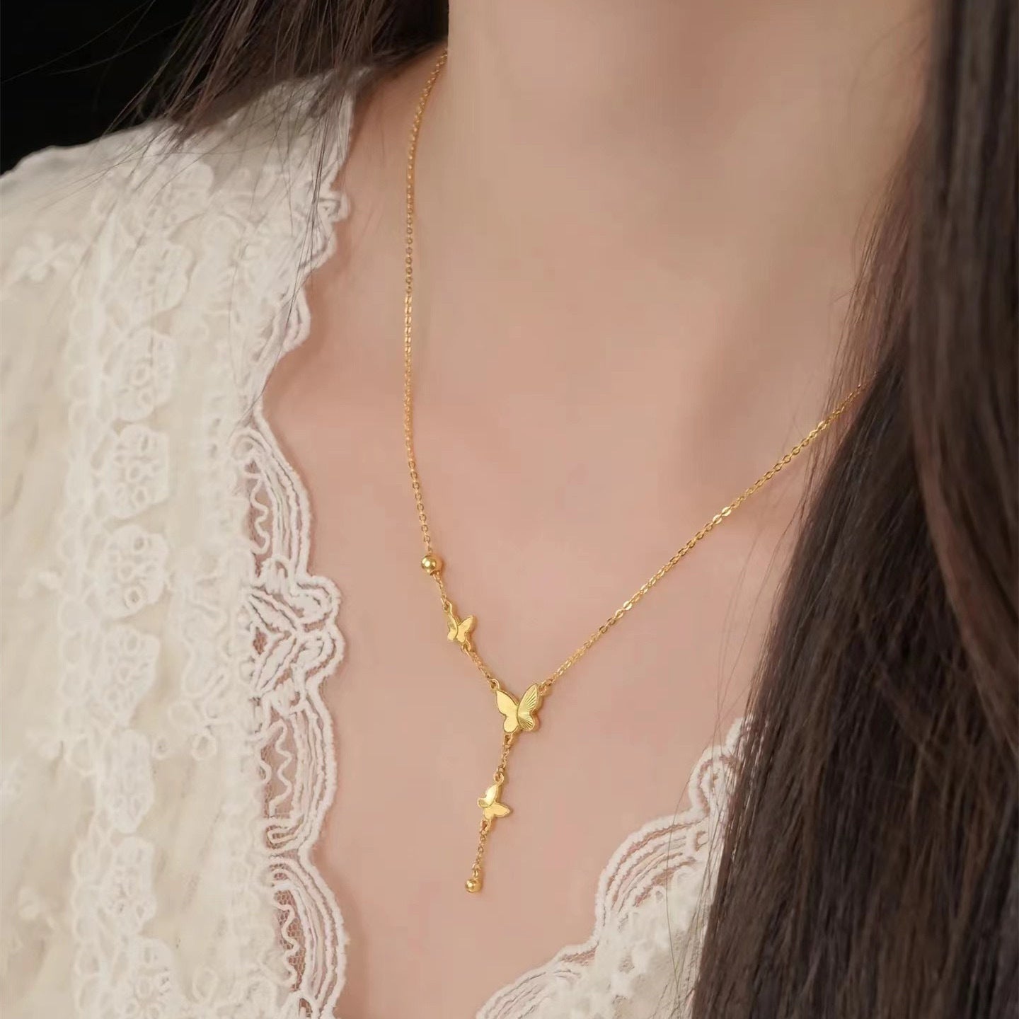 New Ancient Style Golden Butterfly Tassel Necklace Women's Gentle High-Grade Versatile Special-Interest Design Titanium Steel Clavicle Chain