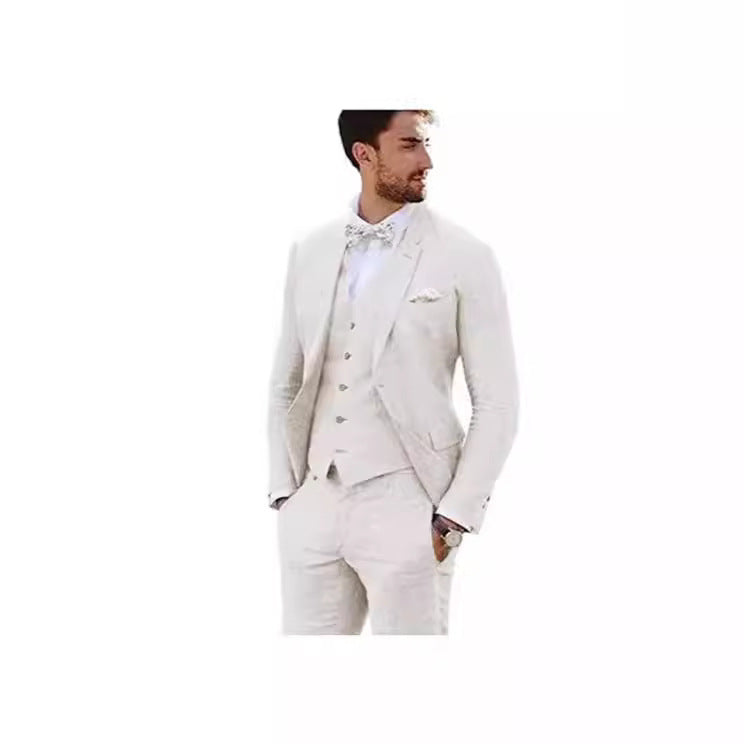 LOVECCR Men's Linen Slim Fit Suit Wedding Western Slim Fit 3 Piece Set Groom Swallowtail Best Men's Prom Suit