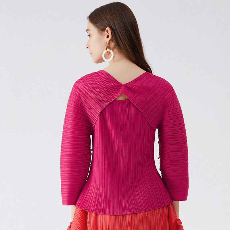 Miyake long-sleeved t-shirt women's spring new Korean version slim-fit split top hollow bottoming shirt women's clothing