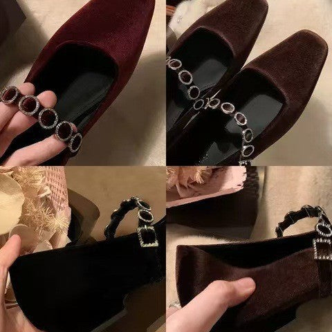 2025 Sheepskin version~ Grape mother square head shallow mouth high heels one-word diamond belt versatile commuter Mary Jane single shoes women