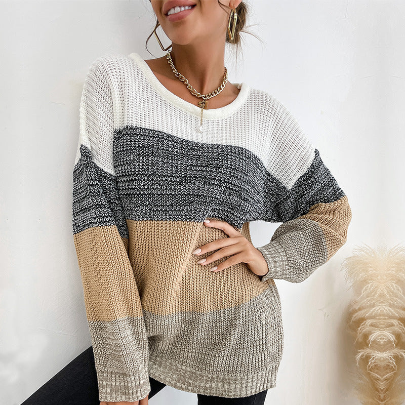 LOVECCR New Hot Trade popular Autumn and Winter New Crew Neck Long Sleeve Knitted Striped Contrast Sweater Pullover