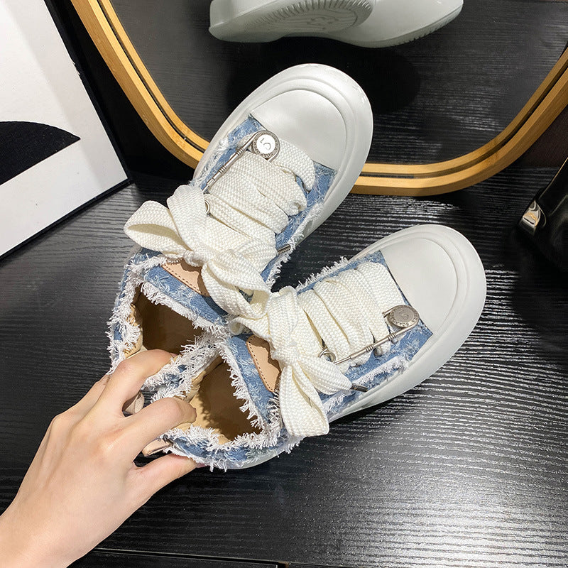 loveccr Zhao Lusi Star Same Style round Head Thick Bottom Bubble Shoes Female New Super Soft Lace-up Beggar Shoes Easy Wear Borad Shoe