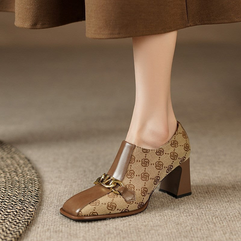 loveccr Retro Square Toe Chunky Heel Pumps Women's Spring and Autumn New Brown Deep Mouth Fashion Casual High Heels Fashion Shoes Pumps