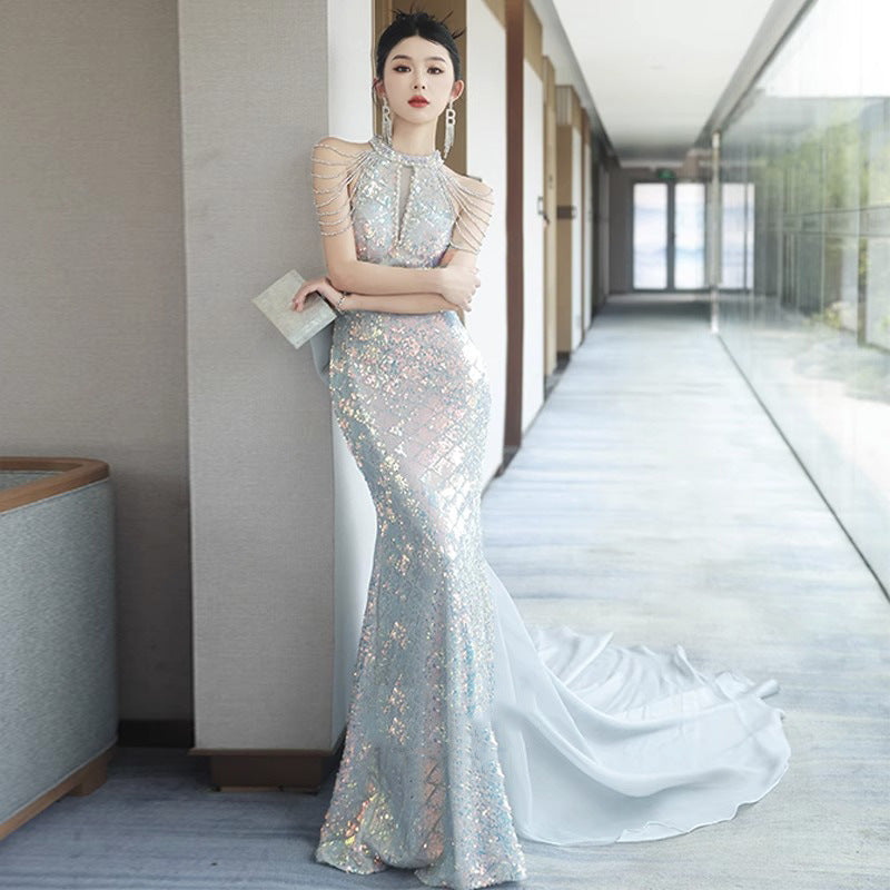 LOVERCCR High-End Evening Dress for Women High-End Affordable Luxury Banquet Host Trailing Wedding Dress Fishtail Sexy Halter Long Dress