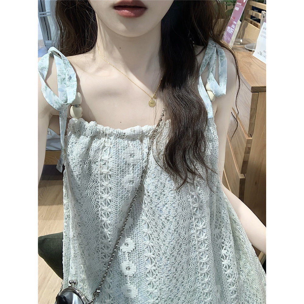 LOVERCCR Retro Tassel Splicing Sling Dress Female Spring New Sweet Vacation Style Temperament Slimming Long Dress