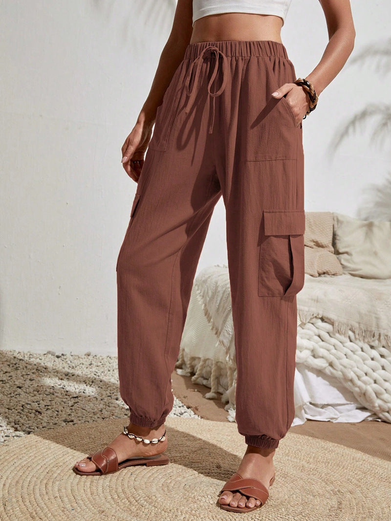 2025 Tiktoktemu women's clothing spring and summer new versatile solid color pocket casual tooling women's pants