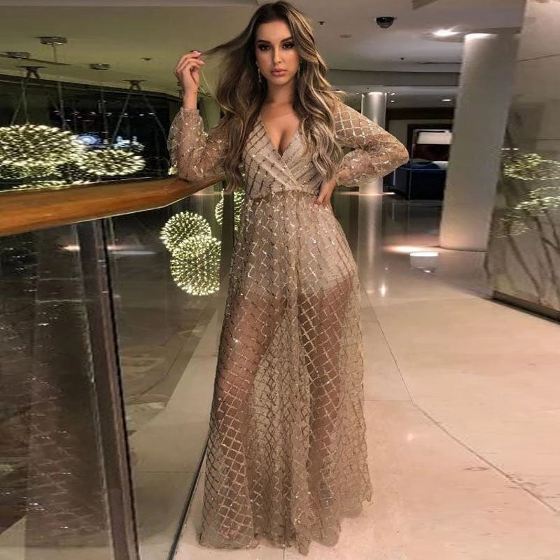 2025 New summer new 2025 women's clothing sexy V-neck backless dress sequined mesh evening dress, long dress