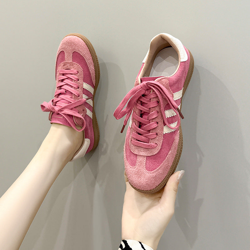 loveccr Strawberry Bear German Training Shoes New Style Pink Forrest Gump Korean Style All-Matching Lace-up Retro Flat Bottom Board Shoes Casual Pumps