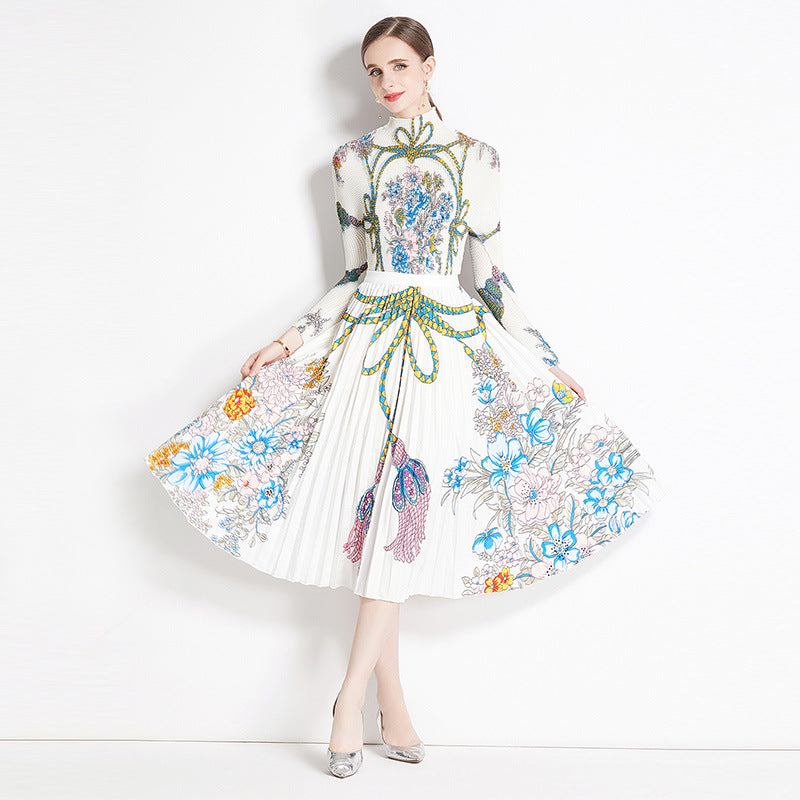 New pleated suit women's long-sleeved printed T-shirt skirt fashion temperament two-piece suit women