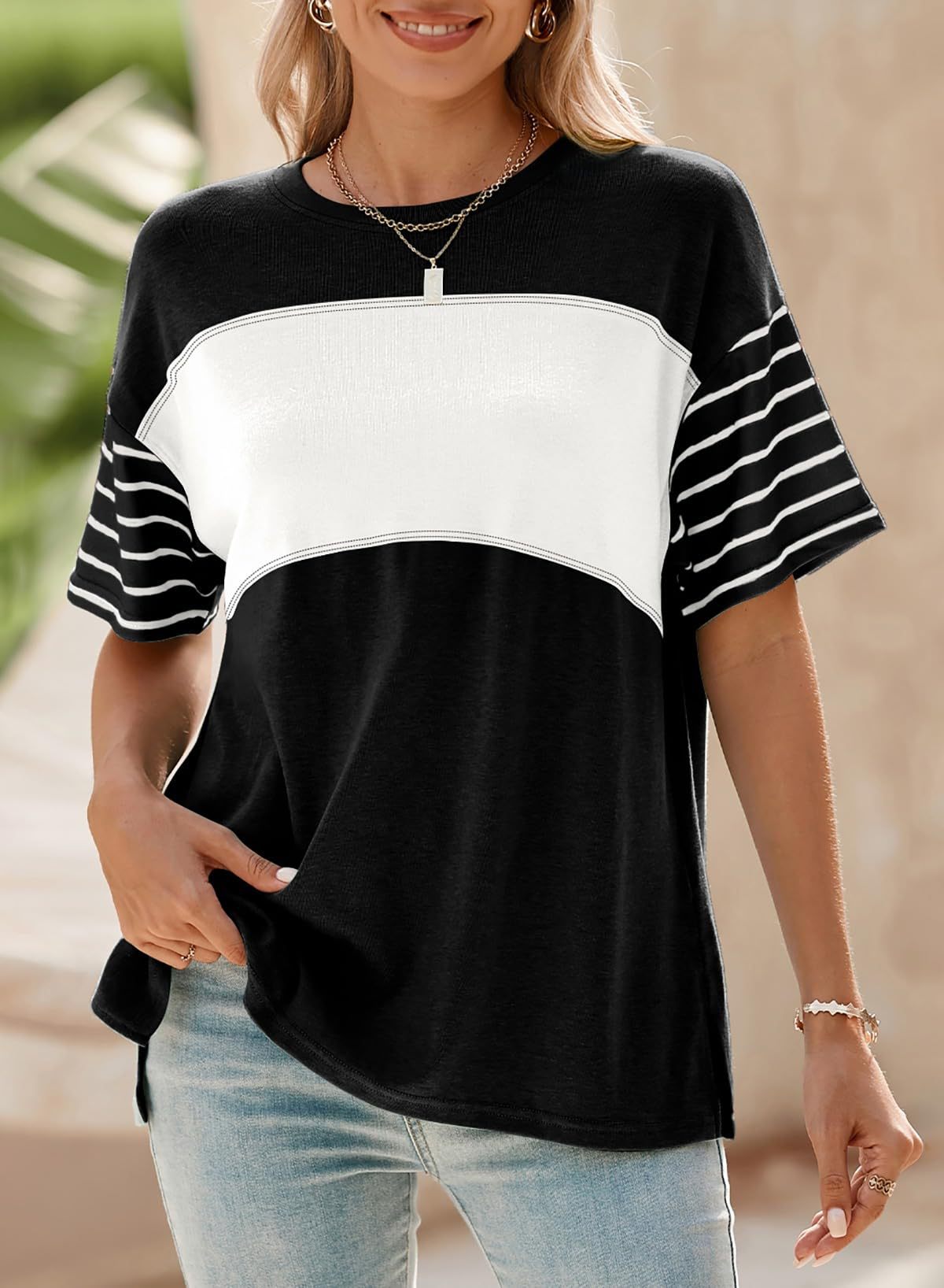2025 Popular, , New women's clothing spring and summer new pullover round neck casual striped contrasting color short-sleeved t-shirt women