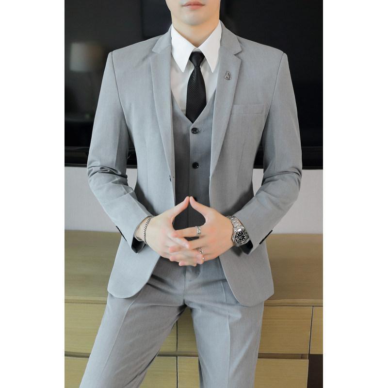 LOVECCR Formal Wear Gray Two Buckle Suit Suit Men's Three-Piece Suit Men's Business Casual Suit Korean-Style Slim Fit Groom Dress