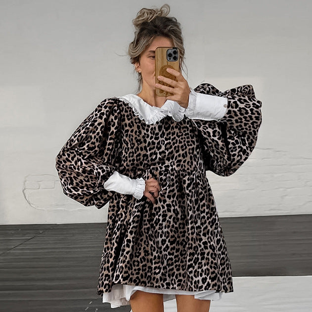 2025 Leopard print V-neck bubble sleeve splicing ruffle leaf edge pullover dress popular new spring fashion wholesale women