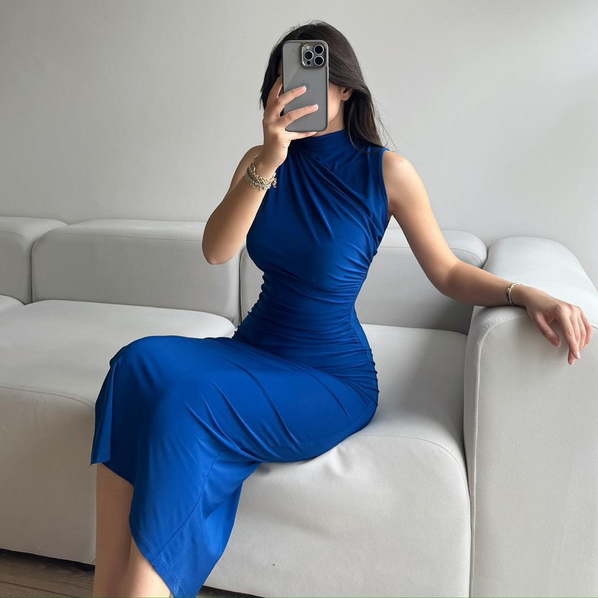 LOVECCR style cross-border summer new solid color split fork high waist slim fit sexy sleeveless long women's dress