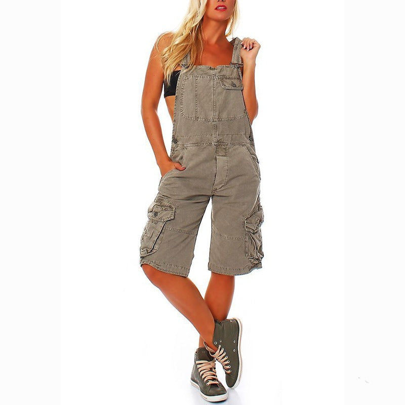 2024 U-Collar Strap Type Suspender Pants Women's Casual Fashion Double-Shoulder Strap Pocket Denim Shorts