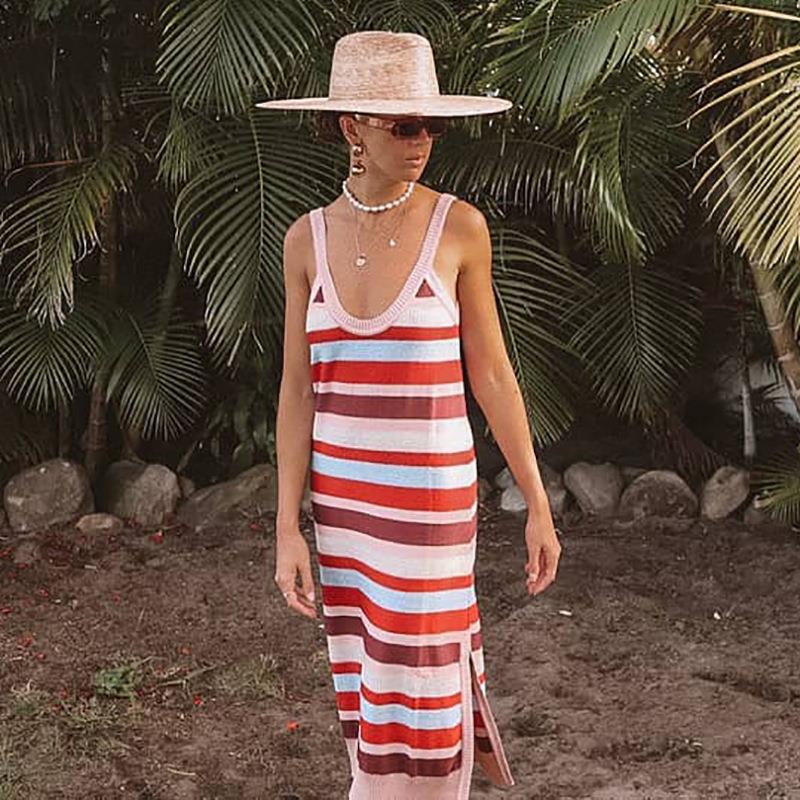 Spot processing custom Russian knitted long dress women's clothing sleeveless hollow backless striped dress women