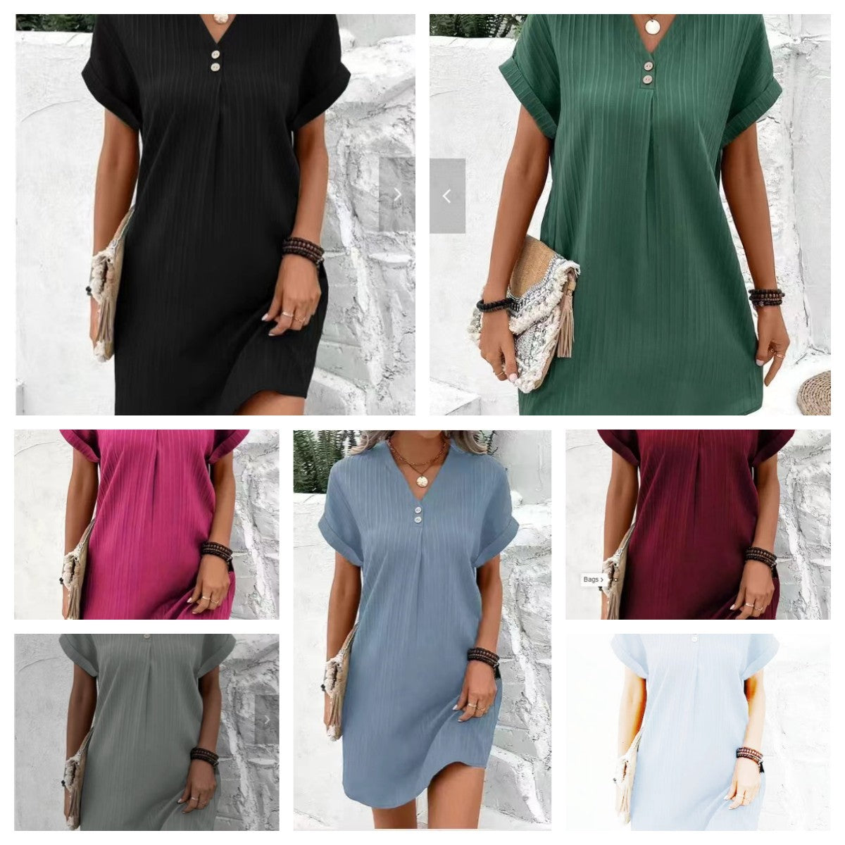 LOVECCR Cross-Border European and American Women's Clothing New Hot Sale V-neck Solid Color Pullover Leisure Button Dress in Stock
