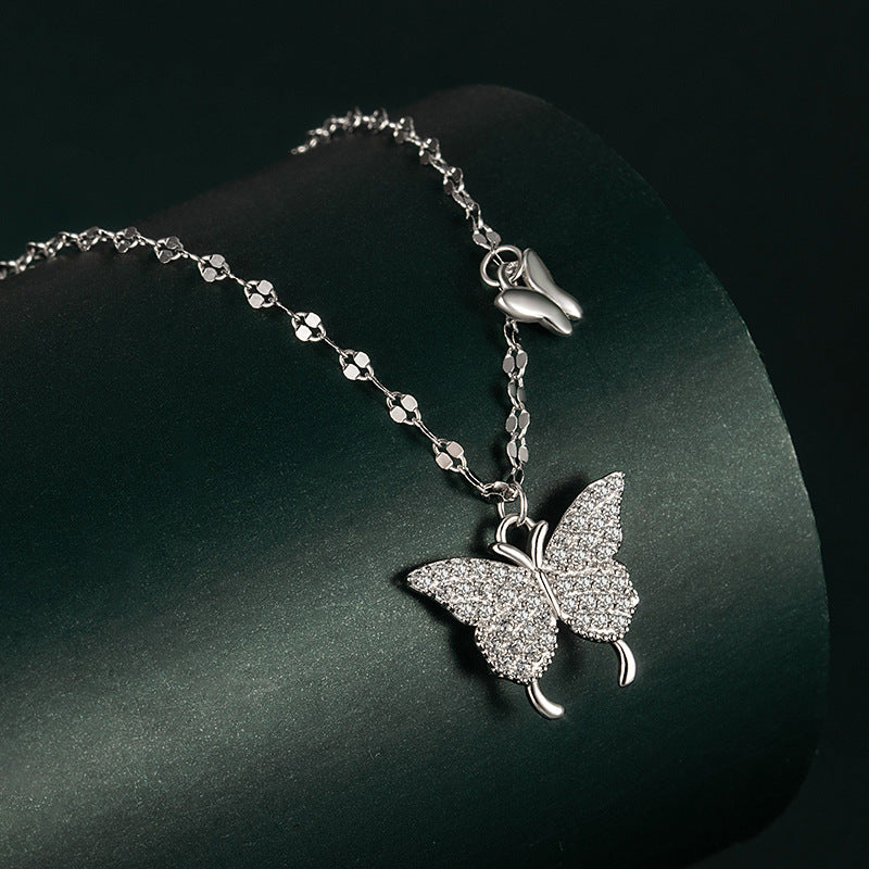 LOVECCR Sterling Silver S925 Butterfly Necklace Female Special Interest Light Luxury High-Grade Hot Clavicle Chain Birthday Gift for Girlfriend