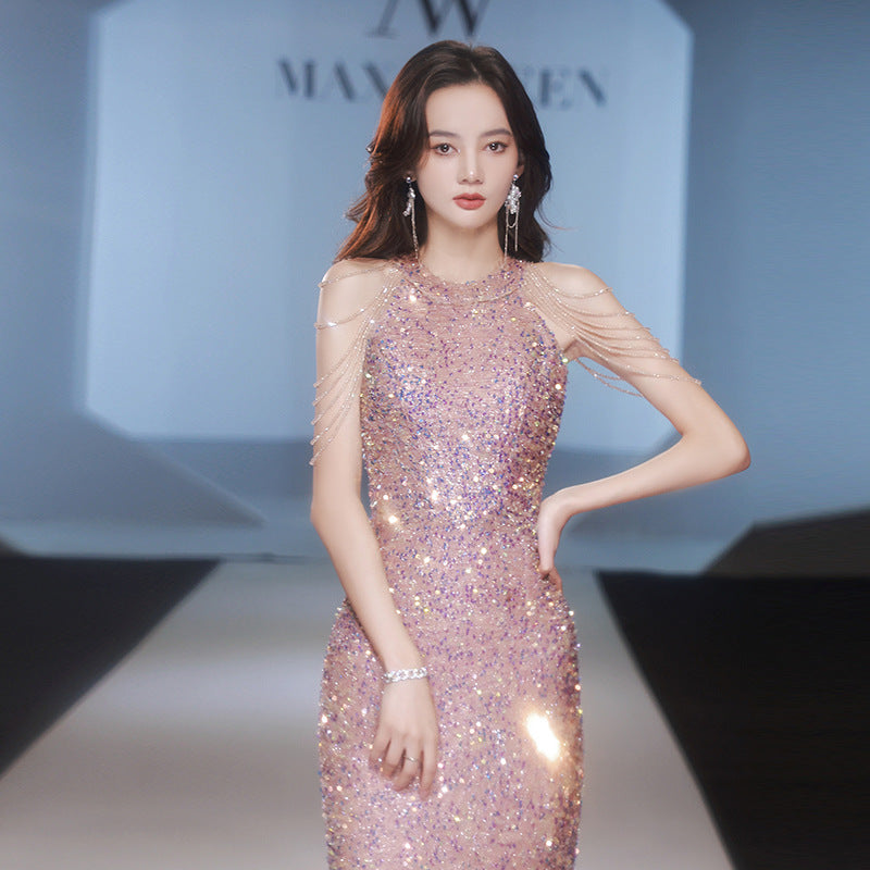 LOVECCR Evening Dress Banquet Temperament Light Luxury Minority Host Halter Socialite Design Sense Fishtail Sequins Dress