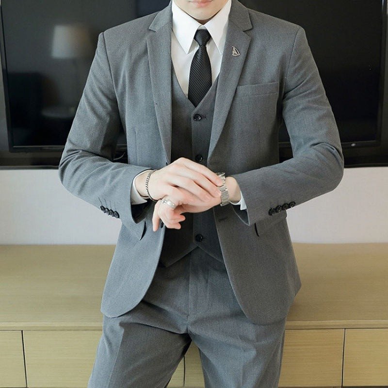 LOVECCR Formal Wear Gray Two Buckle Suit Suit Men's Three-Piece Suit Men's Business Casual Suit Korean-Style Slim Fit Groom Dress