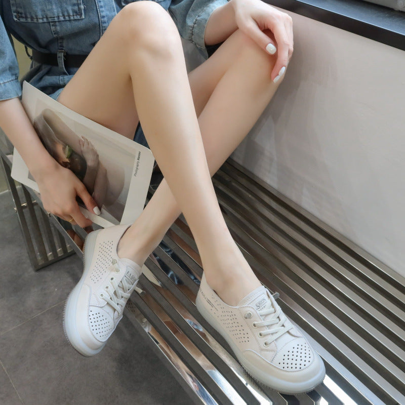 loveccr Top Layer Cowhide Hollow Breathable White Shoes for Women New Soft Bottom Pumps Casual Shoes Slip-on Flat Sneakers