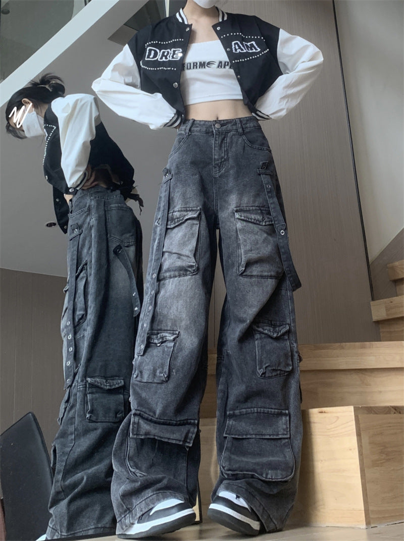Multi-Pocket Design High Street American Workwear Jeans Women's Wide Leg Loose Trendy Brand Niche Washed Distressed Pants