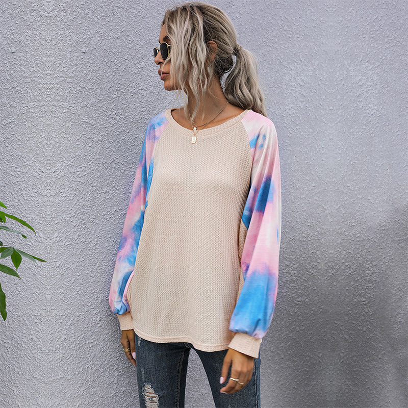 LOVECCR New Popular, 2025 and popular new waffle bottoming long-sleeved shirt tie-dye round neck splicing pullover T-shirt women