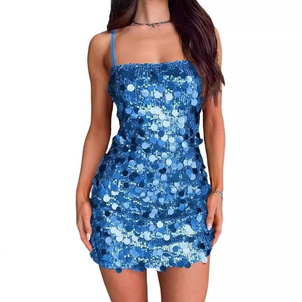 New women's clothing sequined suspender dress banquet party dance hot girl halter short hip skirt