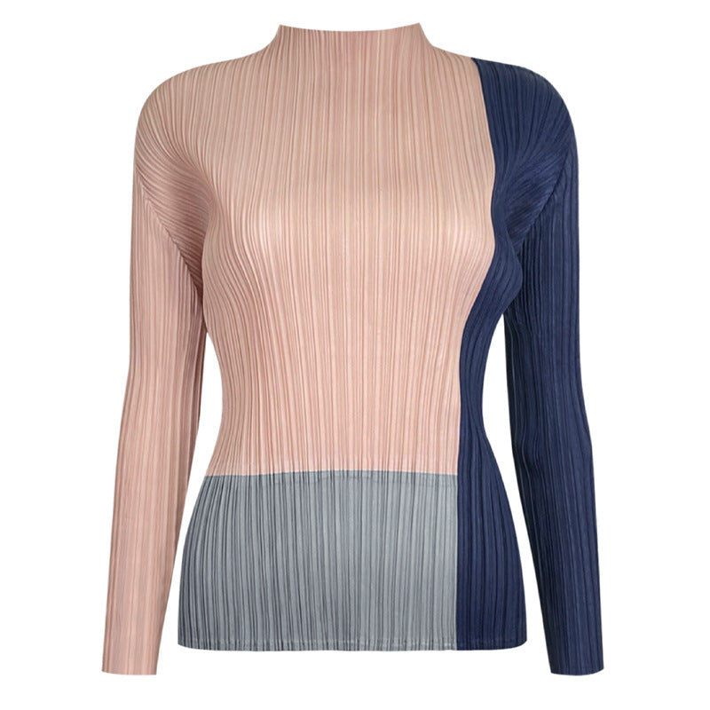 spring new women's clothing semi-turtleneck contrasting long-sleeved t-shirt thin versatile bottoming shirt niche inner top