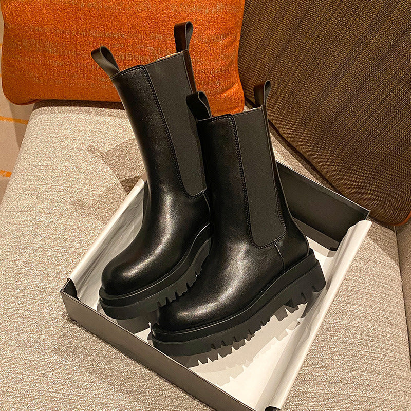 2025 Cowhide version~ New autumn and winter platform Chelsea short boots women's inner height increase Martin boots velvet chimney medium boots