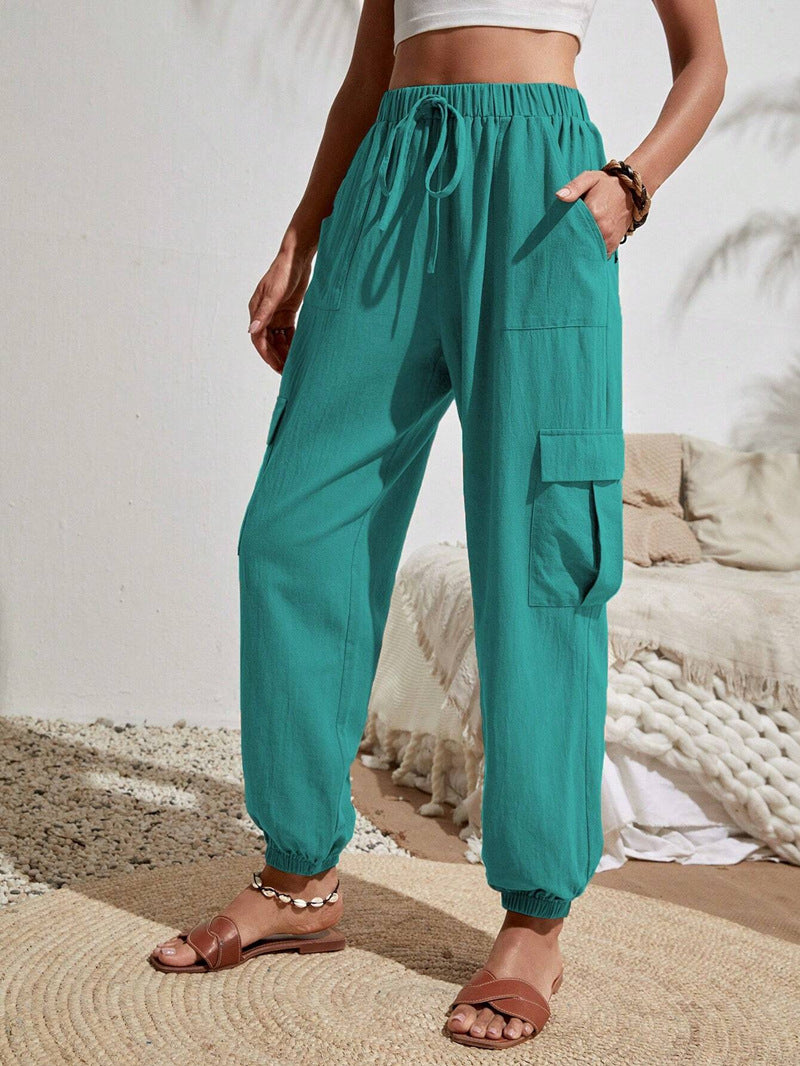 2025 Tiktoktemu women's clothing spring and summer new versatile solid color pocket casual tooling women's pants