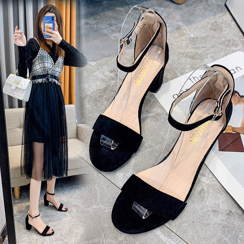 loveccr Women's Sandals Summer New Korean Style Ankle-Strap Buckle Simple Thick Heel Sandals Women's High Heel Fashion Women's Shoes Fashion