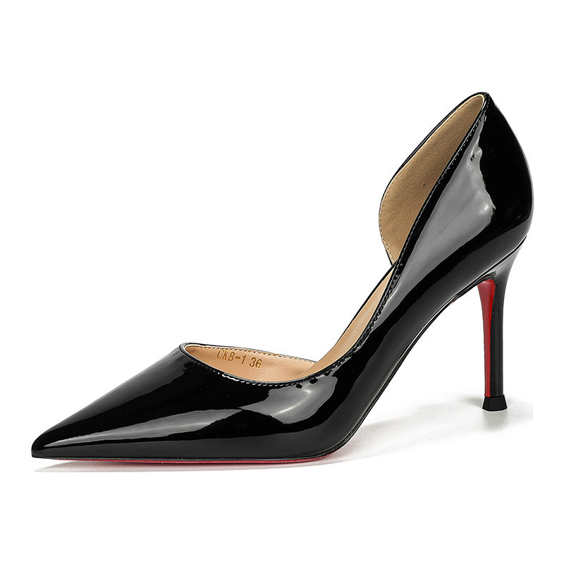 loveccr Nude Color Side Empty Red High Heel Shoes Women's Stiletto Heel New Pointed Low-Cut Patent Leather Sexy Temperament Genuine Leather Pumps