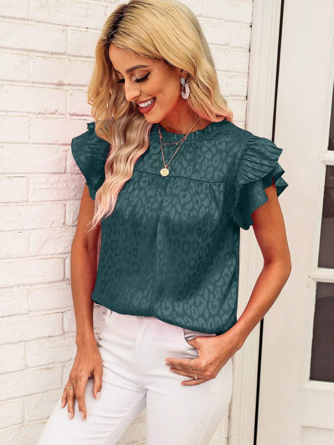 2025 Popular, , New women's clothing summer new fashion versatile printed lotus leaf sleeve wavy collar women's top