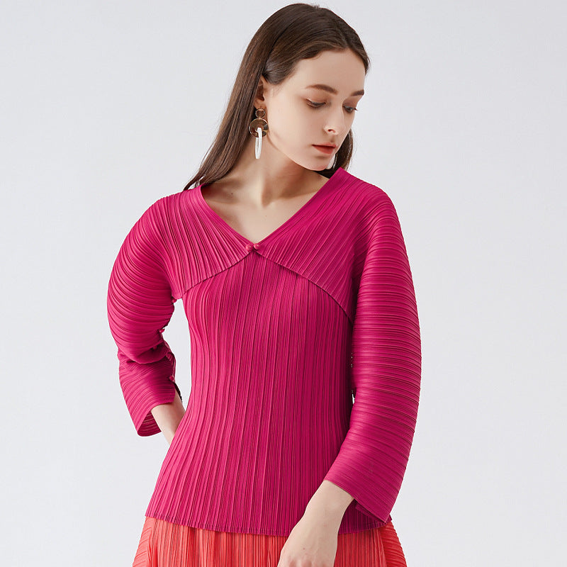 Miyake long-sleeved t-shirt women's spring new Korean version slim-fit split top hollow bottoming shirt women's clothing