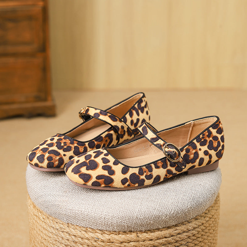 2025 Cowhide version~ genuine leather leopard print low-heeled Mary Jane shoes women's popular new light-mouth single shoes with small leather shoes