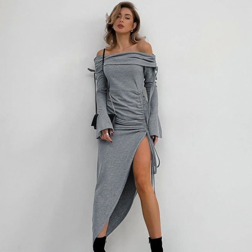 2025 pit strips sexy one-word collar slim-fit hip-wrapped split-ended horn-sleeved dress popular autumn fashion long dress women