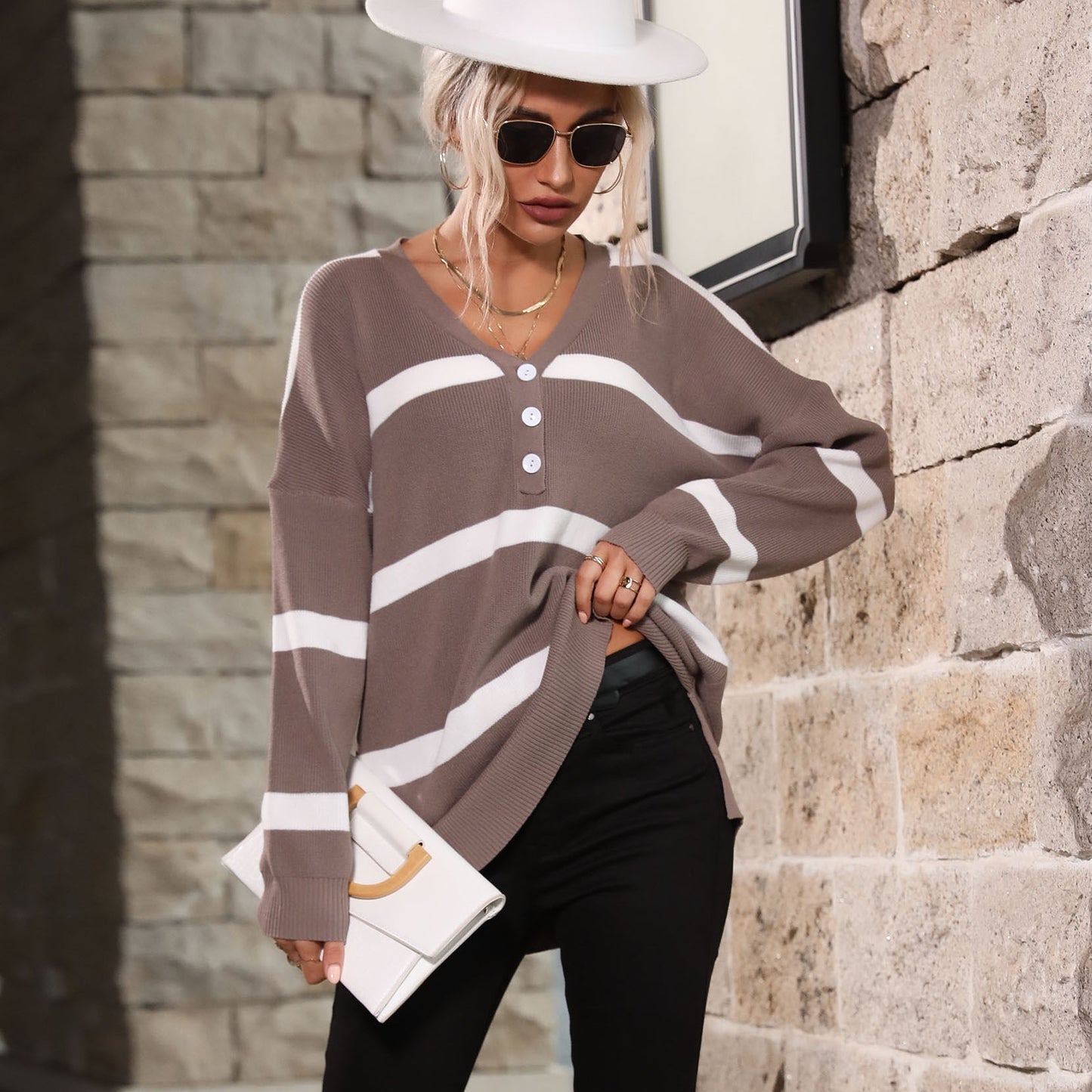 LOVECCR New Hot Trade popular New 2025 Women's Early Autumn V-Neck Long Sleeve Striped Sweater Women