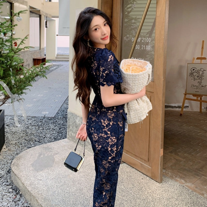 LOVECCR Early Spring New Women's Clothing Water Soluble Lace Dark Blue Large Lapel High Waist Slimming Dress Long Dress Evening Dress