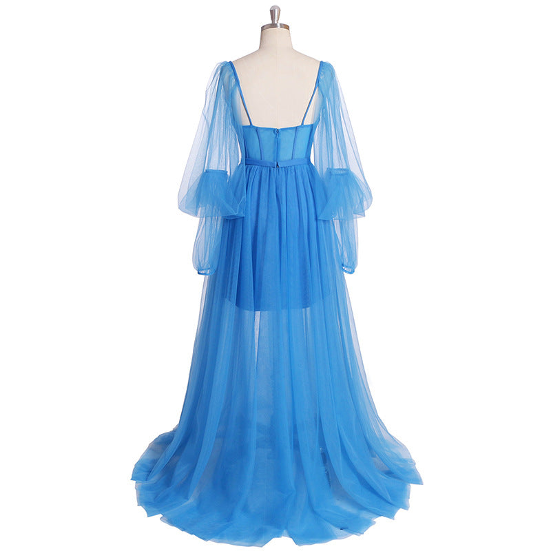 LOVECCR Customized European and American Foreign Trade Mesh Square Collar Women's Dress Elegant Long Sleeve Evening Dress Birthday Photography Dress