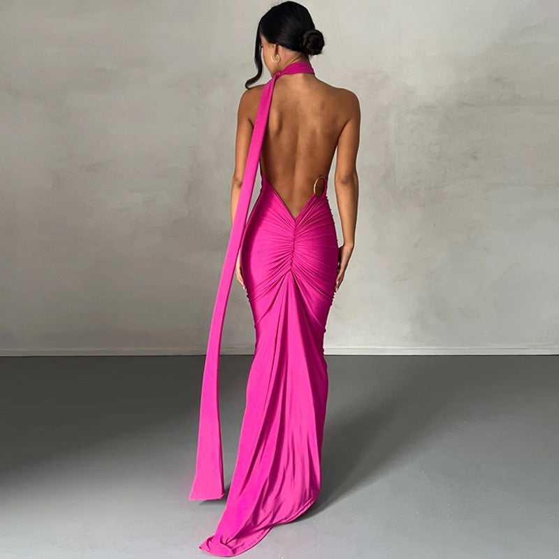 LOVECCR 2025 style women's clothing Hot summer new product slanted shoulder sexy slim backless pleated hollow strap long dress