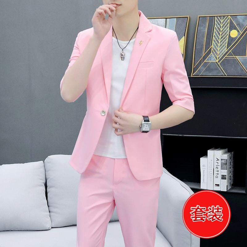 LOVECCR Suit Men's One Suit Matching Summer Korean Style Trendy Fashion Dress 3/4 Sleeve Non-Ironing Casual Small Suit