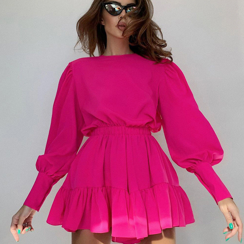 2025 autumn and winter new medium and long skirts, lantern sleeves, waist temperament commuting retro long-sleeved dresses, women