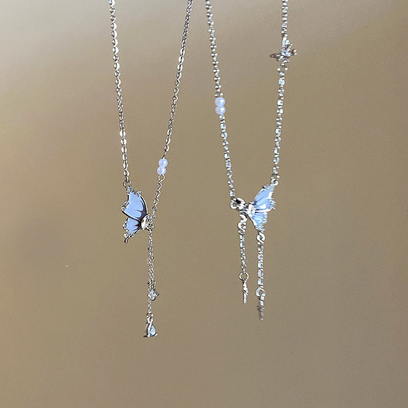 LOVECCR Titanium Steel No Fading Butterfly Zircon Tassel Necklace for Women New Niche High Sense Clavicle Chain Neck Chain Accessories