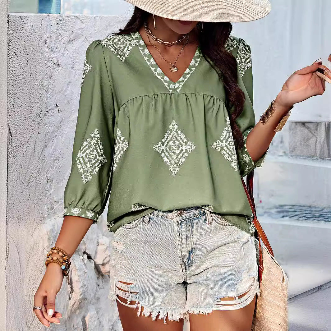 2025 Popular, , New women's clothing summer new fashion printed bag seven-quarter sleeve V-neck women's top