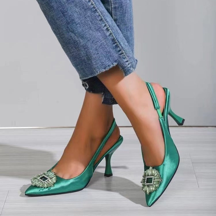 loveccr Autumn Women's Shoes Pointed High Heel Shiny Ornament Rhinestone Muller Temperament Wild Stiletto Toe Box Sandals Wholesale Delivery