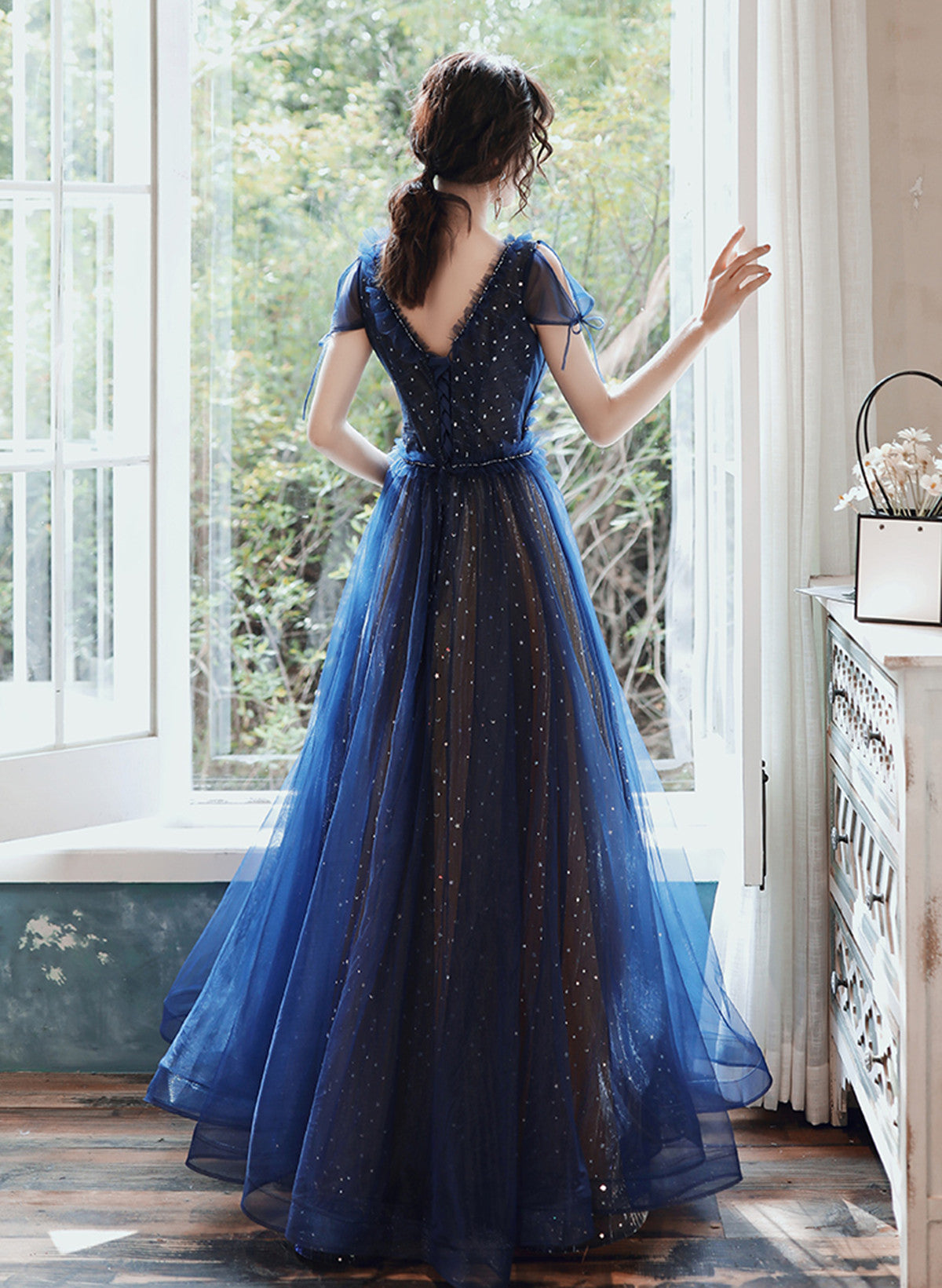 LOVECCRNavy Blue A-line Short Sleeves V-neckline Party Dress, Navy Blue Prom Dress